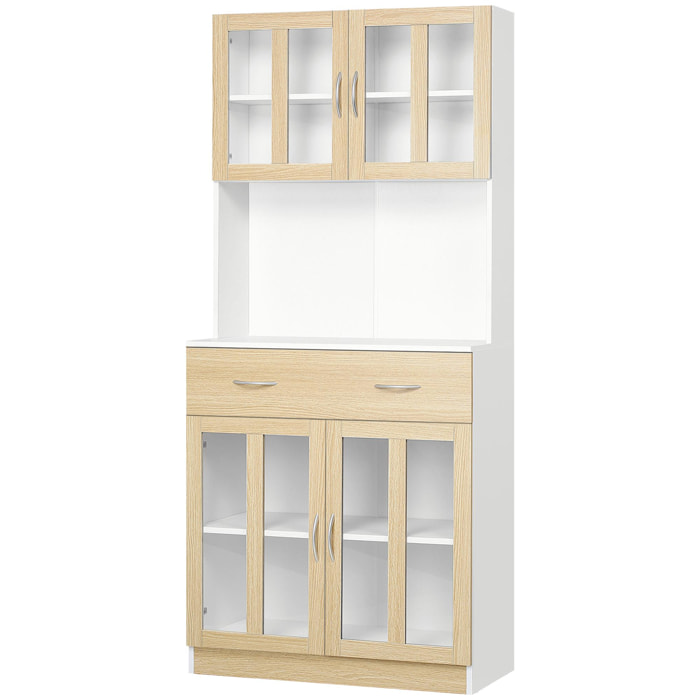 Buffet haut multi-rangement 4 portes vitrine verre avec étagère tiroir coulissant grand plateau panneaux particules blanc aspect chêne clair