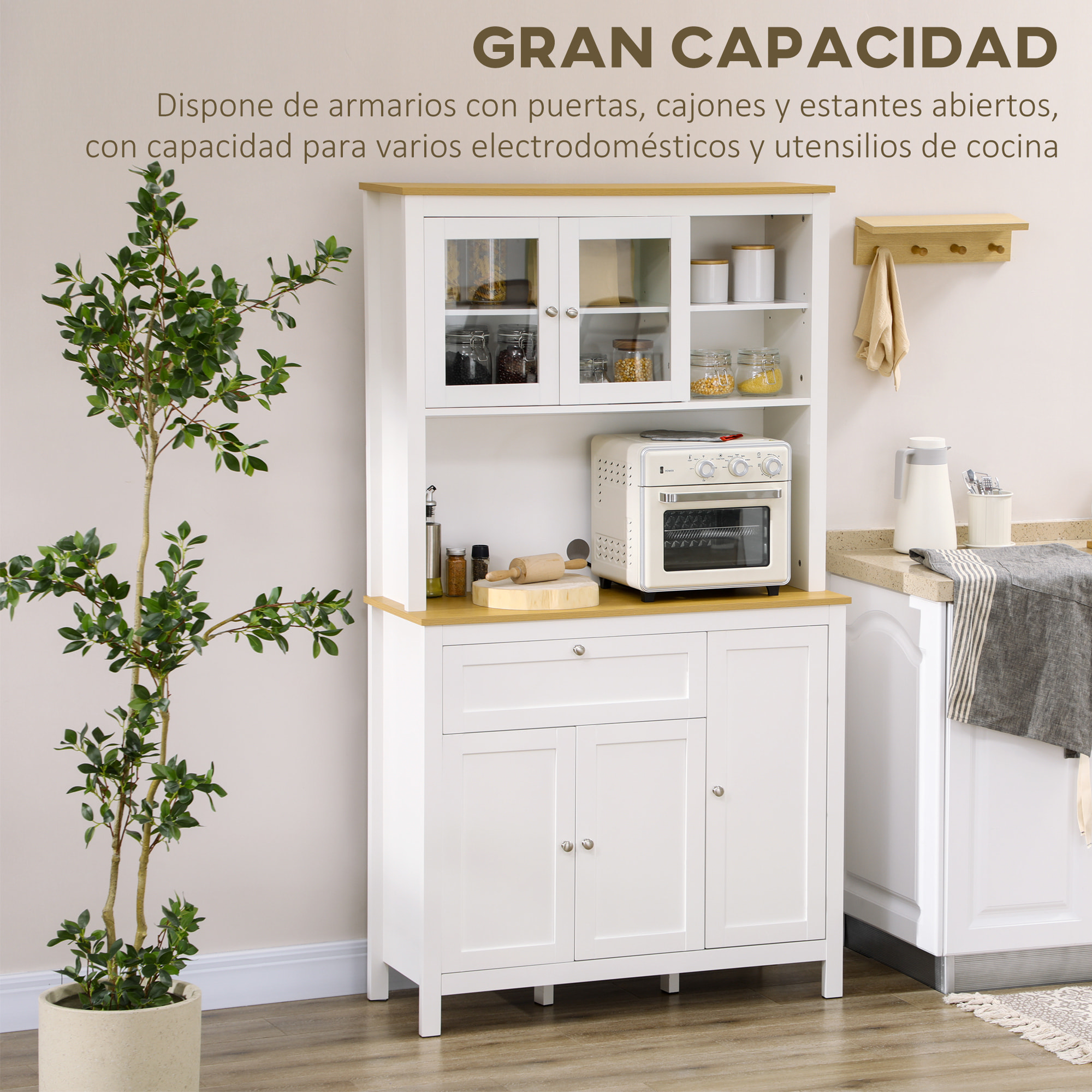 Alacena de Cocina Moderno Mueble Auxiliar de Cocina con 5 Puertas Estante Ajustable Cajón y Encimera de Microondas Abierta 100x40x180 cm Blanco