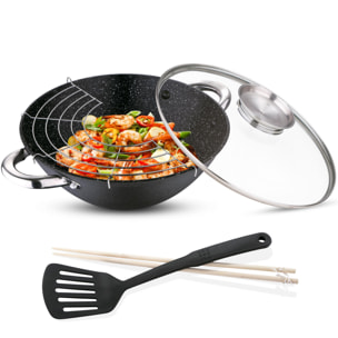 Wok Ø28x9,4cm con revestimiento de mármol en hierro fundido y tapa de vidrio con 2 utensilios de cocina y rejilla grill