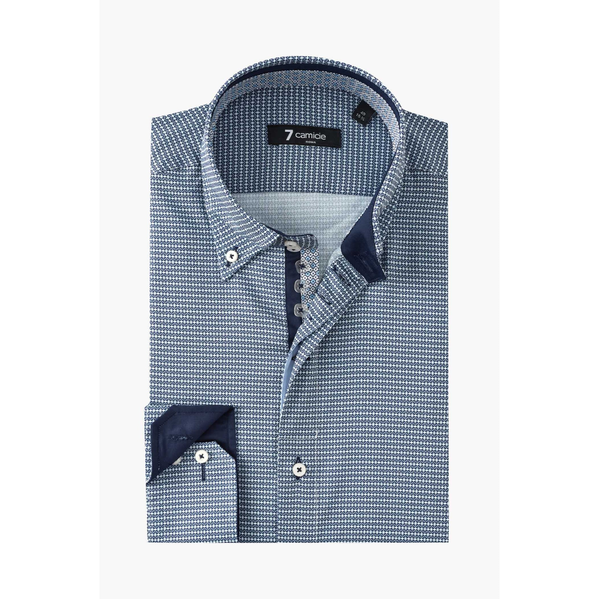 Camicia Uomo 2 Bottoni Button Down Slim Armaturato Stampato Blu\Bianco