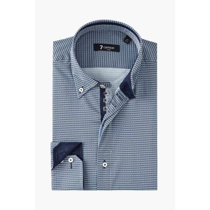 Camicia Uomo 2 Bottoni Button Down Slim Armaturato Stampato Blu\Bianco