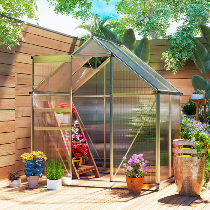 Serre de jardin aluminium polycarbonate 2,5 m² dim. 1,92L x 1,31l x 2H m lucarne réglable fondation porte coulissante