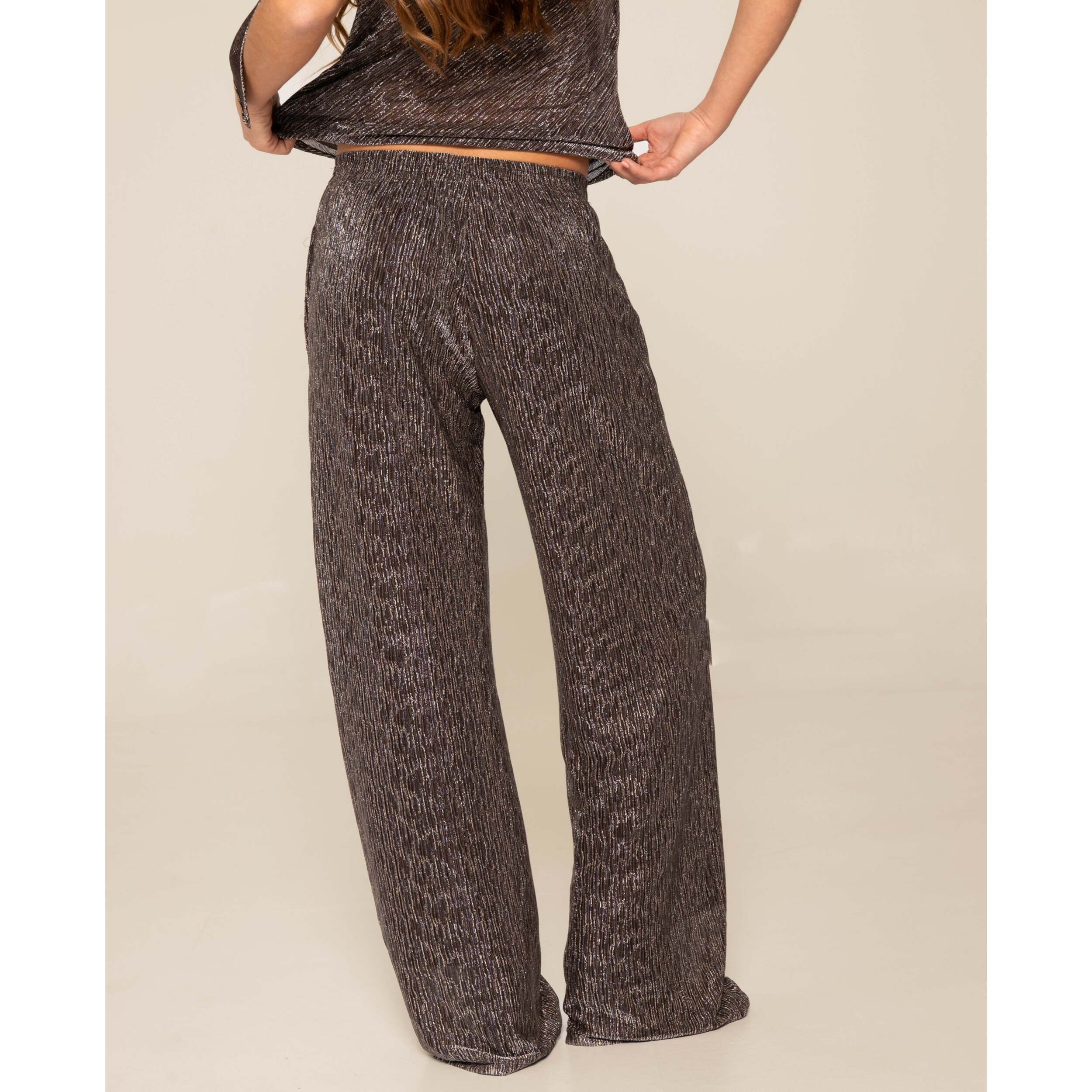 Pantalón palazzo de punto lúrex de mujer