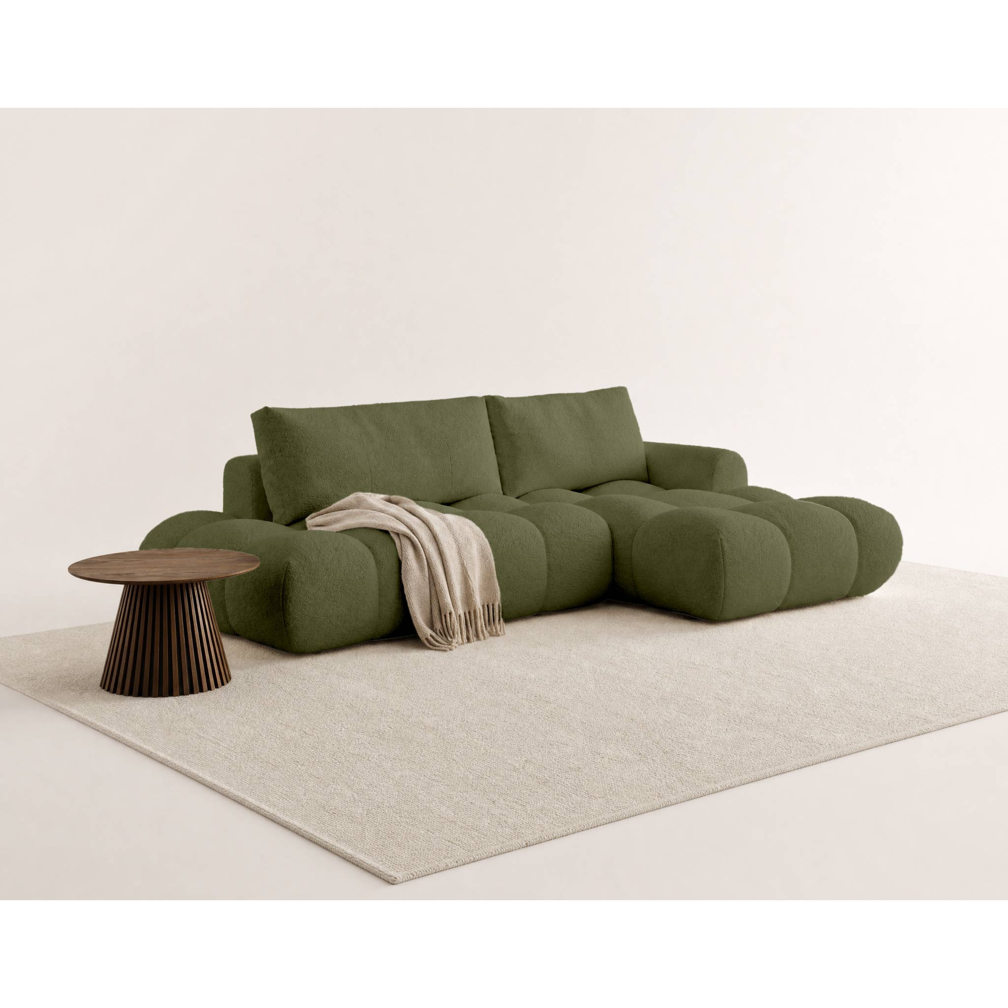 Yulin - Canapé d'angle ouvert droit 4 places convertible avec coffre en tissu bouclette - Vert