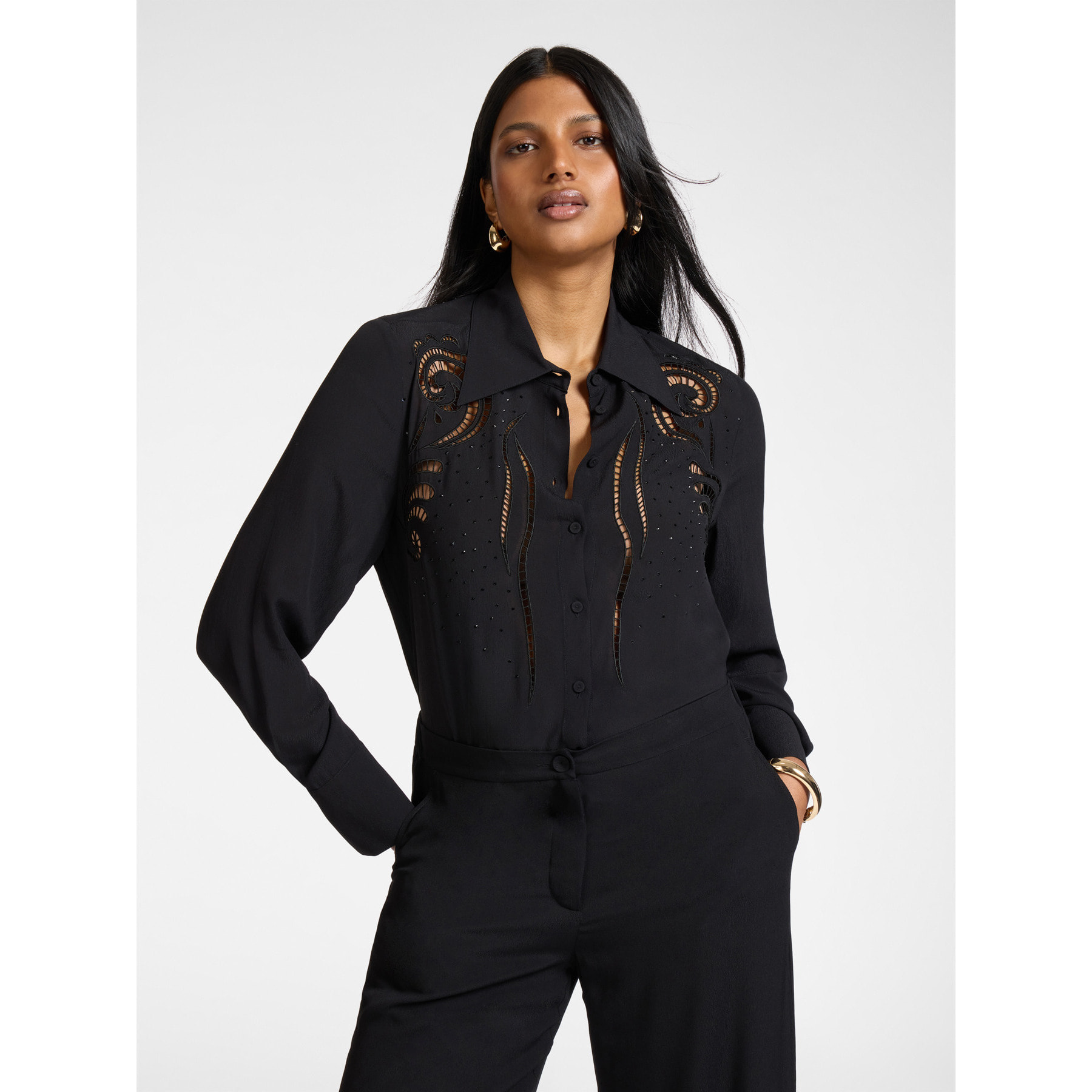 Elena Mirò - Camisa de viscosa con bordados calados - Negro