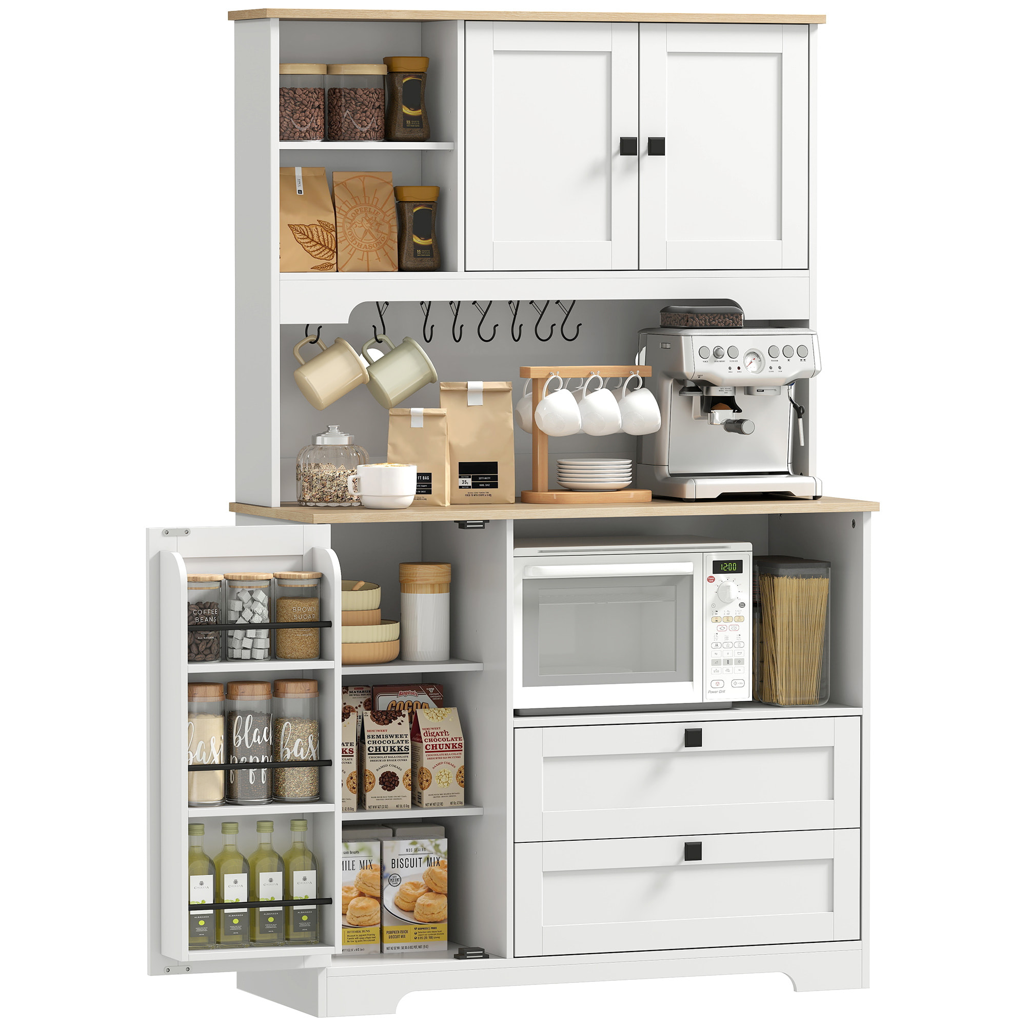 Alacena de Cocina, Mueble Auxiliar de Cocina con 3 Puertas, 2 Cajones, 3 Estantes en la Puerta, 8 Ganchos, Encimera Amplia para Microondas, Estantes Ajustables, Orificios para Cables, Blanco