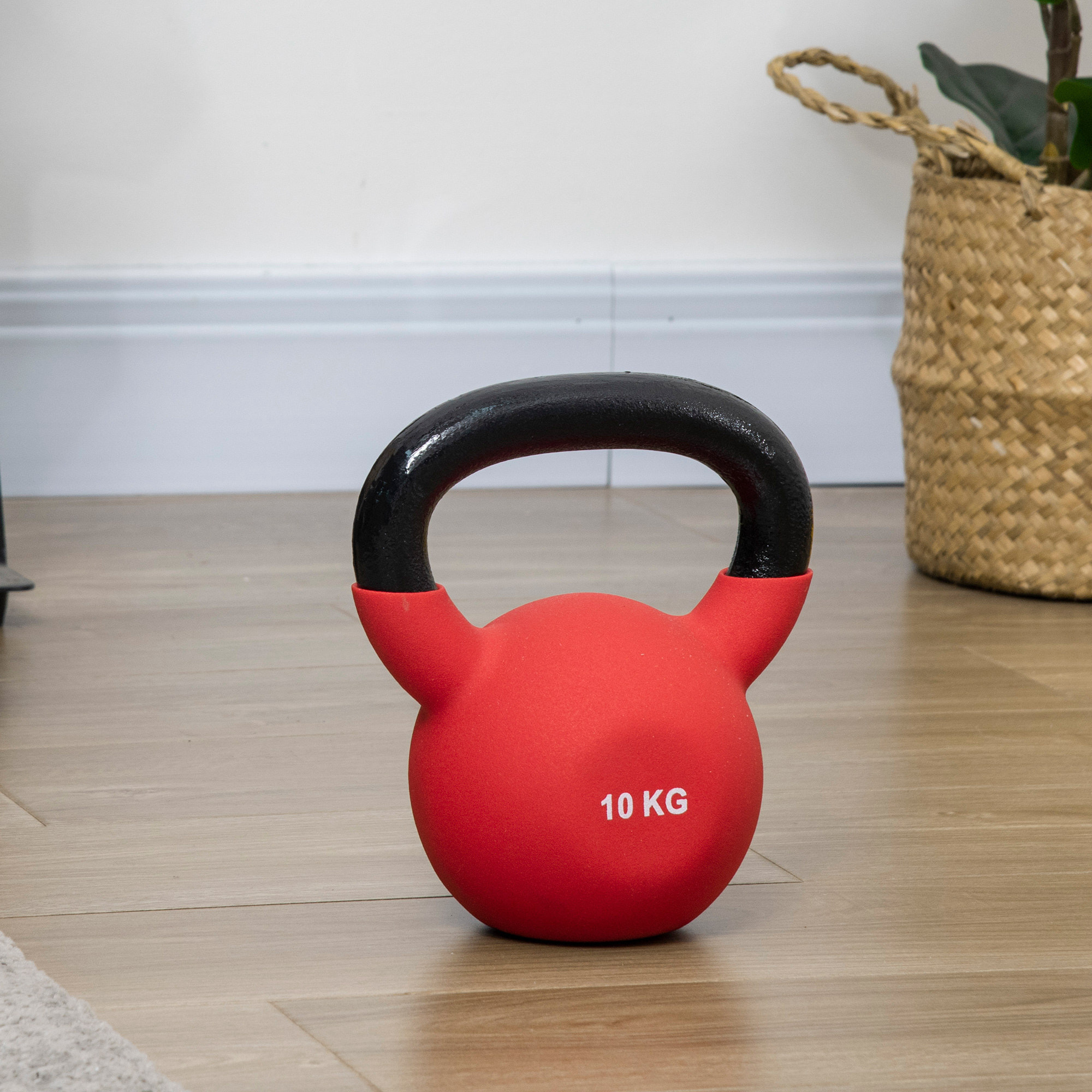 Kettlebell 10 Kg en métal large poignée antidérapante fond plat rouge noir