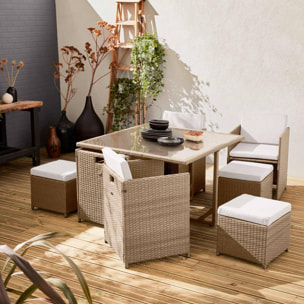 Table de jardin encastrable résine tressée + 8 assises – Vabo – Coloris beige. Coussins beige. table encastrable