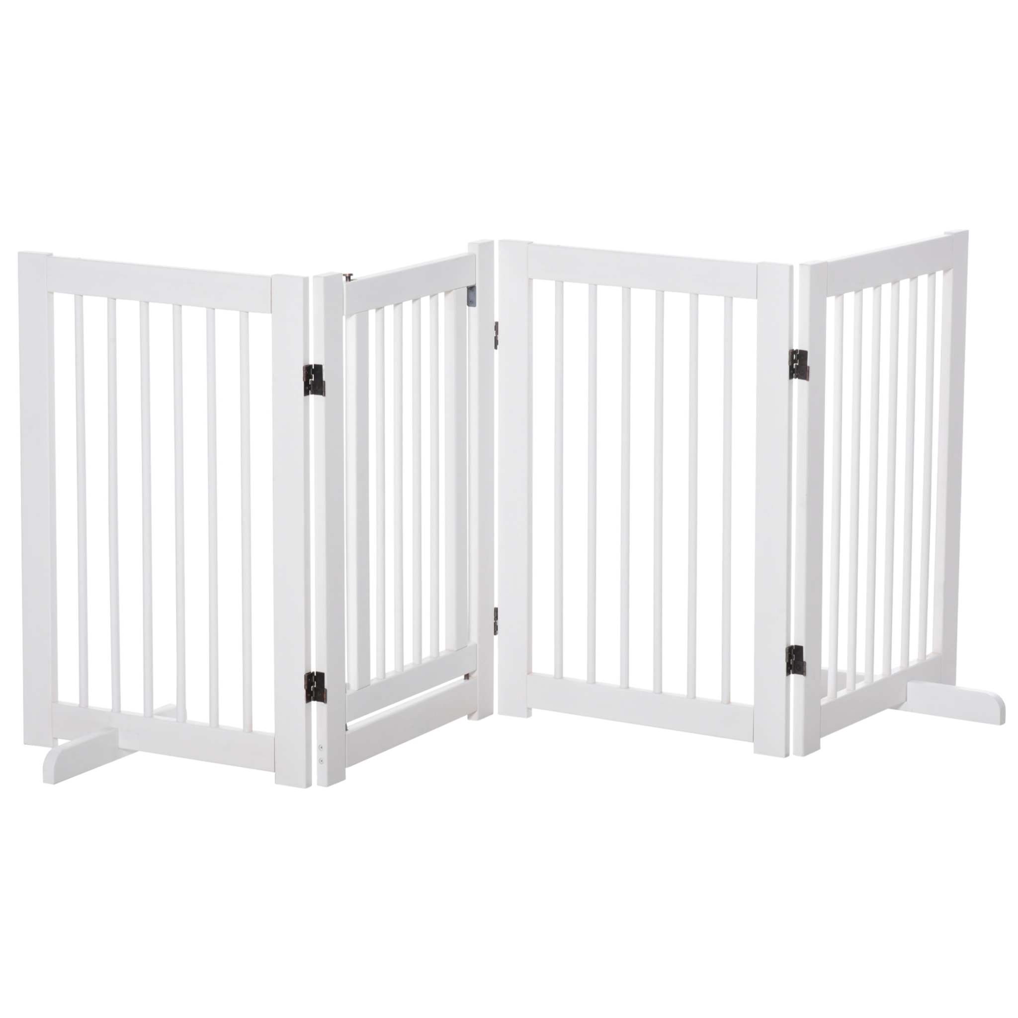 Barrera de Seguridad para Perros de Madera Plegable, para Escaleras y Puertas, Valla para Perros Pequeños y Medianos de 4 Paneles, con Soporte de Pie, para Interiores, 204x36x75 cm, Blanco