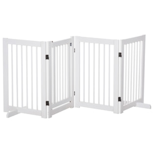 Barrera de Seguridad para Perros de Madera Plegable, para Escaleras y Puertas, Valla para Perros Pequeños y Medianos de 4 Paneles, con Soporte de Pie, para Interiores, 204x36x75 cm, Blanco
