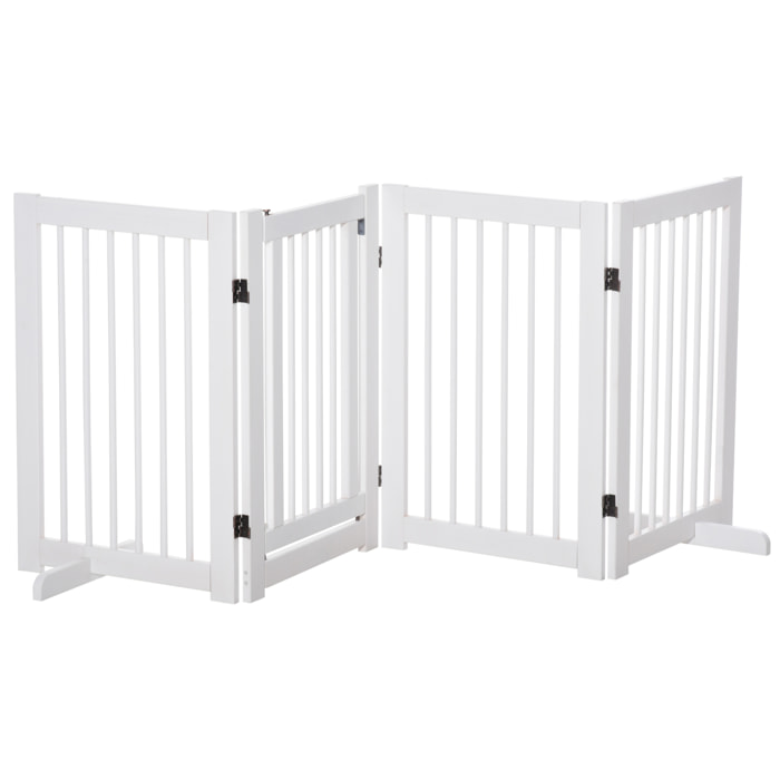 Barrera de Seguridad para Perros de Madera Plegable, para Escaleras y Puertas, Valla para Perros Pequeños y Medianos de 4 Paneles, con Soporte de Pie, para Interiores, 204x36x75 cm, Blanco