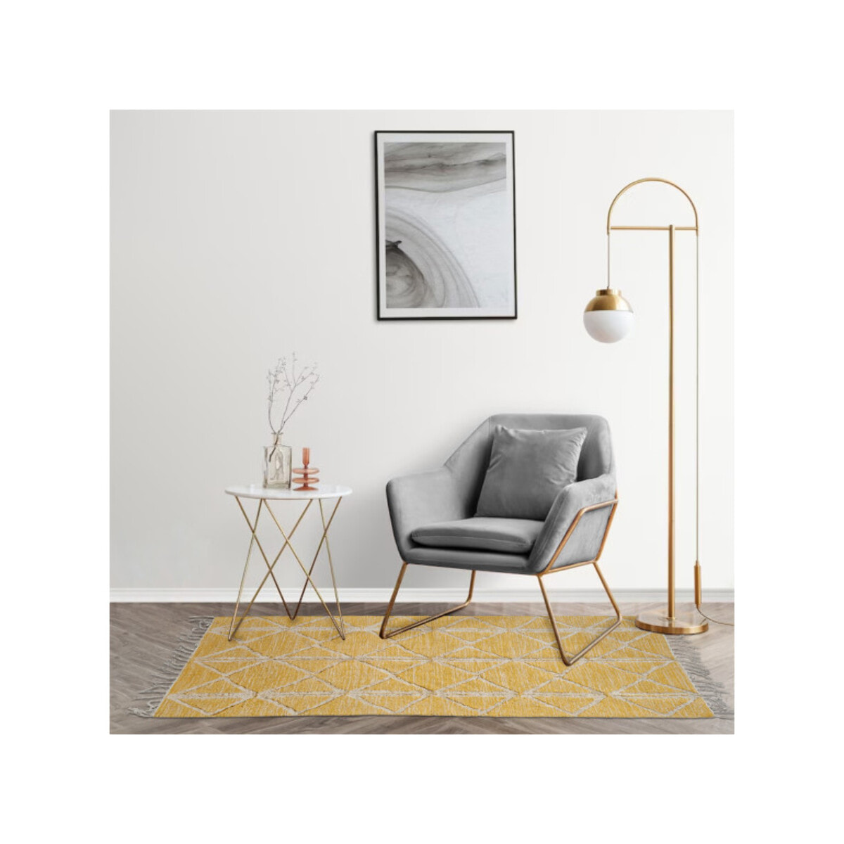 Tapis berbère jaune motifs losanges avec franges 90x150cm - MARA