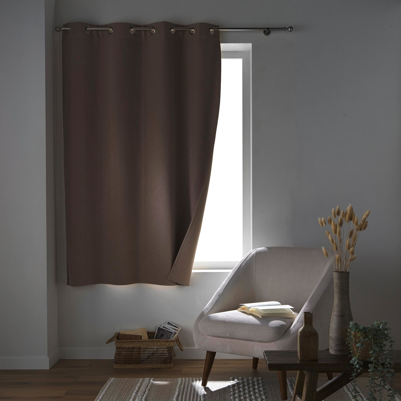 Rideau court occultant, isolant thermique et phonique en chambray - Marron Brun