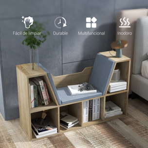 Librería con Asiento Estantería de Libros con 6 Cubos Zapatero con Banco con Cojín Multiusos para Sala de Estar Oficina Dormitorio 102x30x61cm Roble y Gris