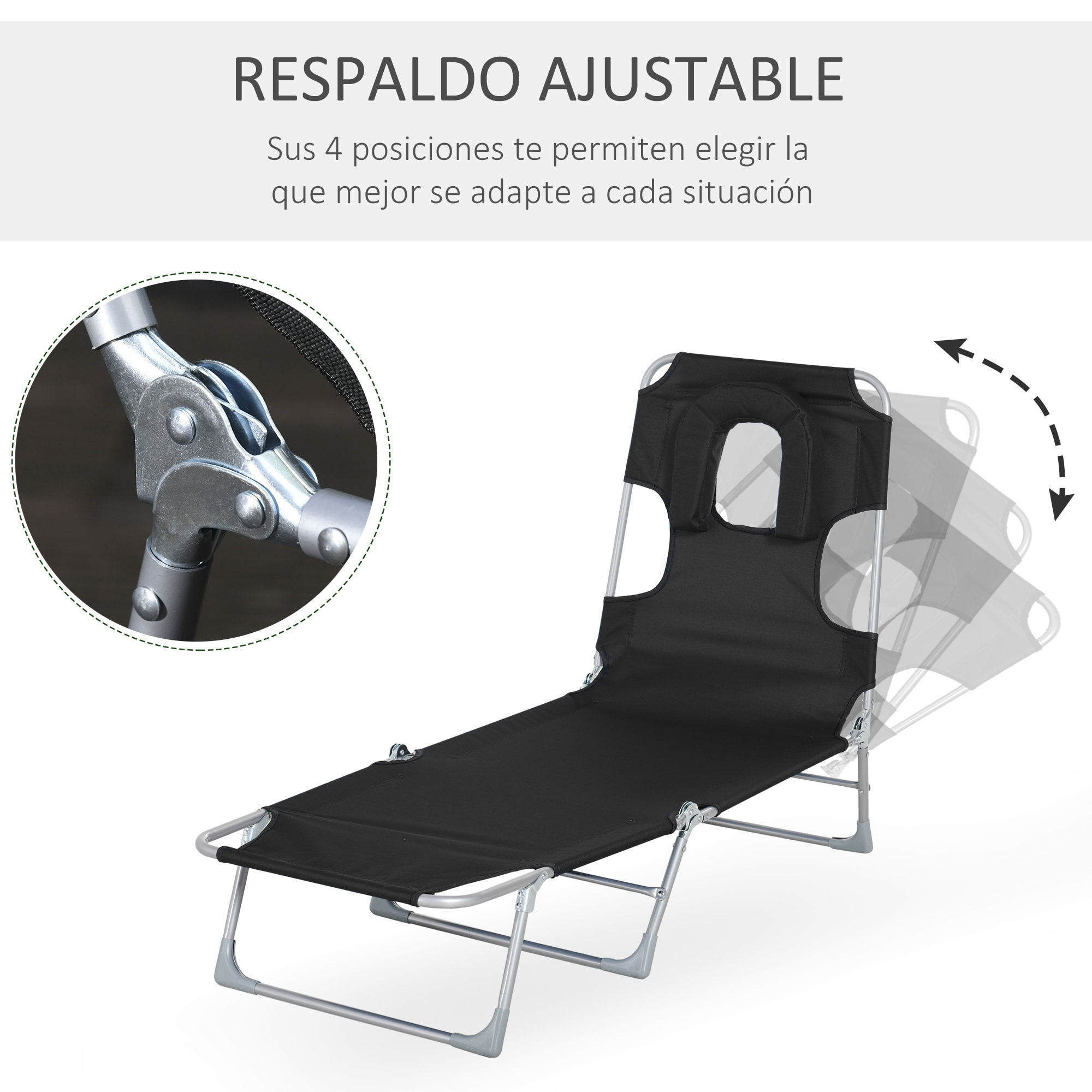 Tumbona Reclinable Plegable Jardín con Reposacabezas y Respaldo Ajustable Negro