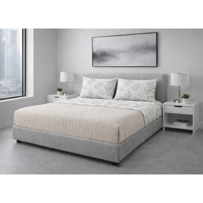 Completo Lenzuola in 100% Cotone Made in Italy Fiorato Disegno Sambuco Colore Perla