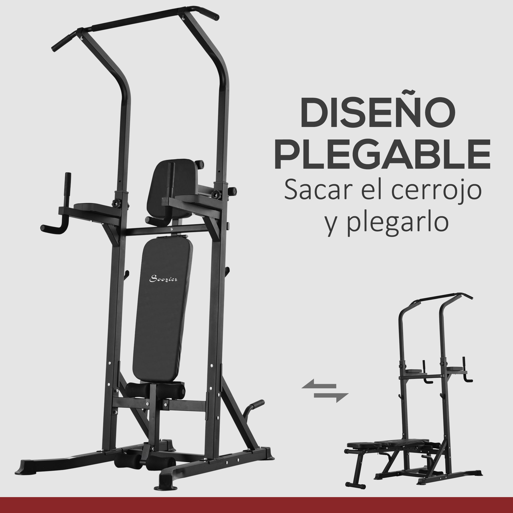 Estación de Musculación Torre de Entrenamiento Altura Ajustable con Barra de Dominadas y Banco Plegable para Fitness en Casa Gimnasio Carga 150 kg 99x178x230 cm Negro
