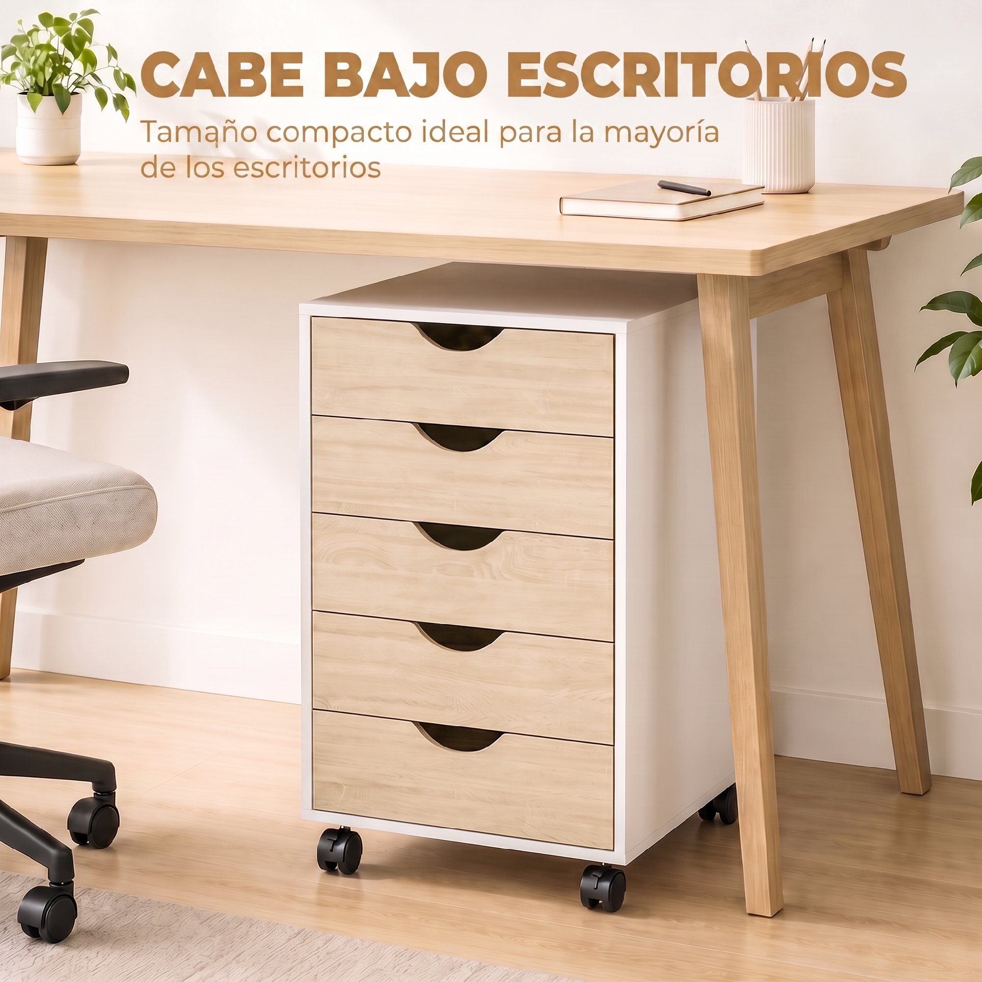 Cajonera Escritorio con Ruedas, Cajonera Oficina con 5 Cajones, Archivador Móvil, para Estudio, Salón, 40x40x67 cm, Blanco y Natural