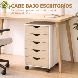 Cajonera Escritorio con Ruedas, Cajonera Oficina con 5 Cajones, Archivador Móvil, para Estudio, Salón, 40x40x67 cm, Blanco y Natural