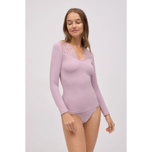 T-shirt elasticizzata a maniche lunghe con pizzo lilla