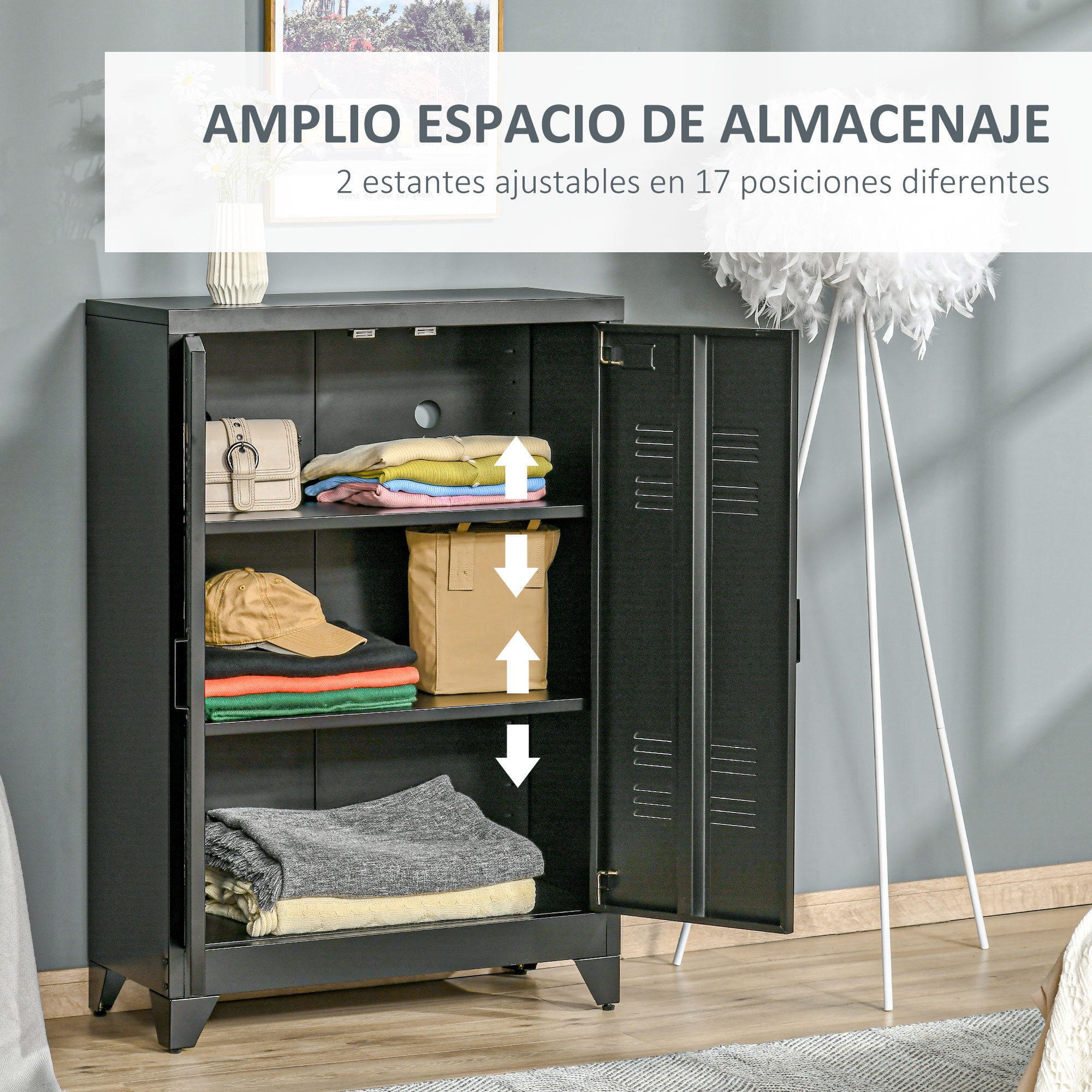 Armario de Almacenamiento Aparador de Metal con Doble Puerta Cierre Magnético y 2 Estantes Ajustables para Oficina Salón Dormitorio 75x33x110 cm Negro