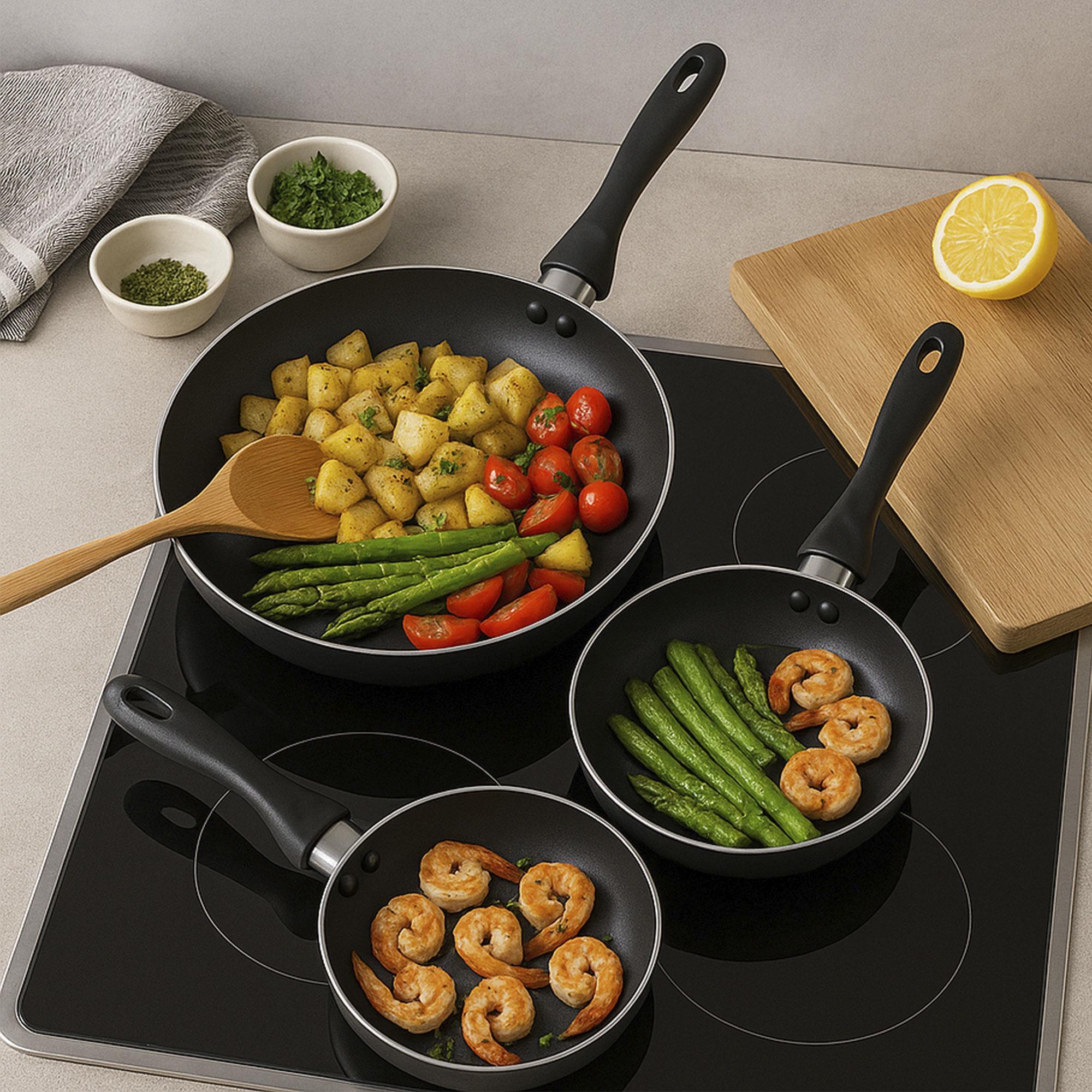 set de batería de cocina de 5pc en acero inoxidable + 3 sartenes ø16ø20ø24cm gris metalizado en aluminio prensado