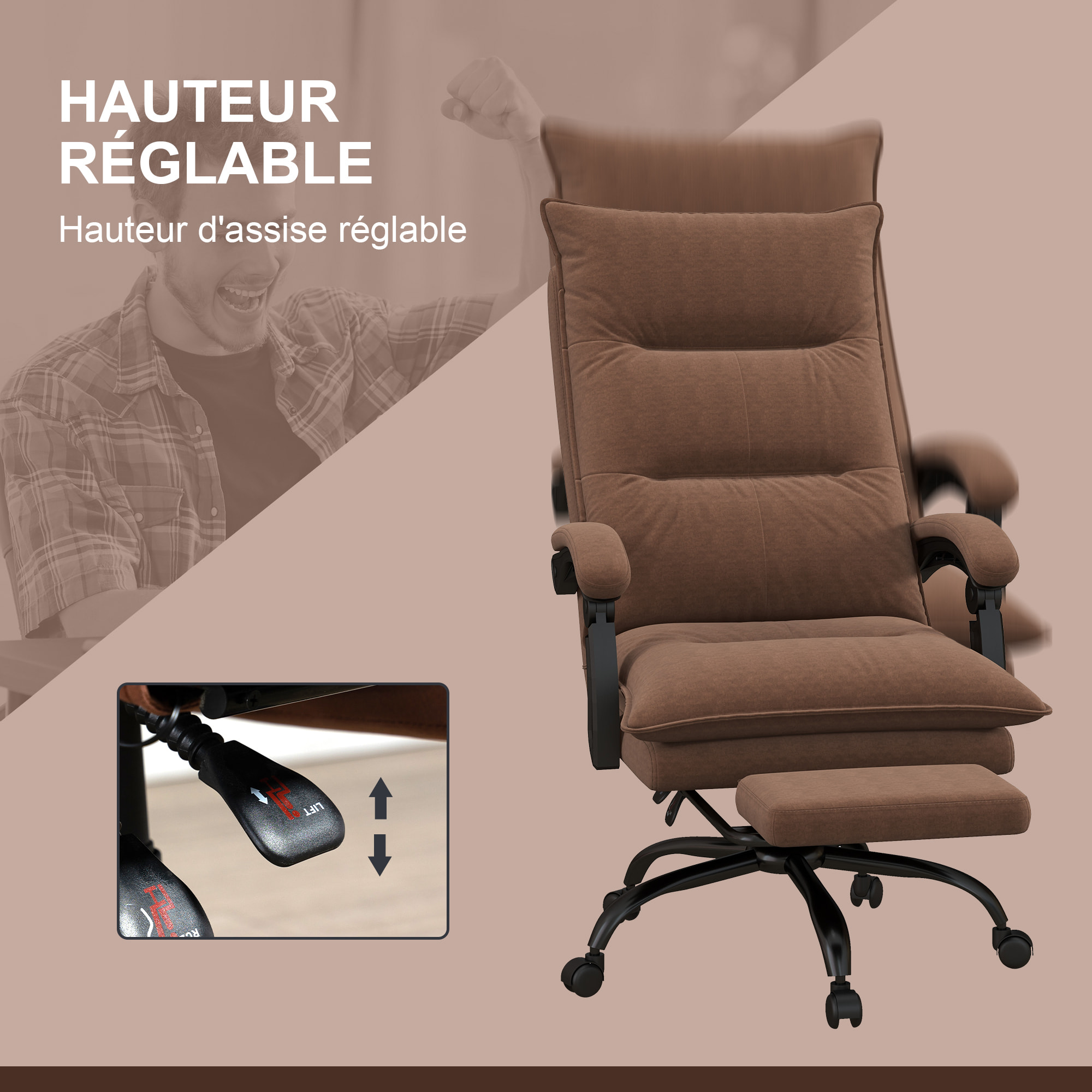 Fauteuil de bureau massant chauffant inclinable réglable repose-pieds rétractable microfibre marron