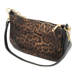 Avella borsa a tracolla donna, in pelle scamosciata lucida autentica con stampa animale leopardata, Dollaro.