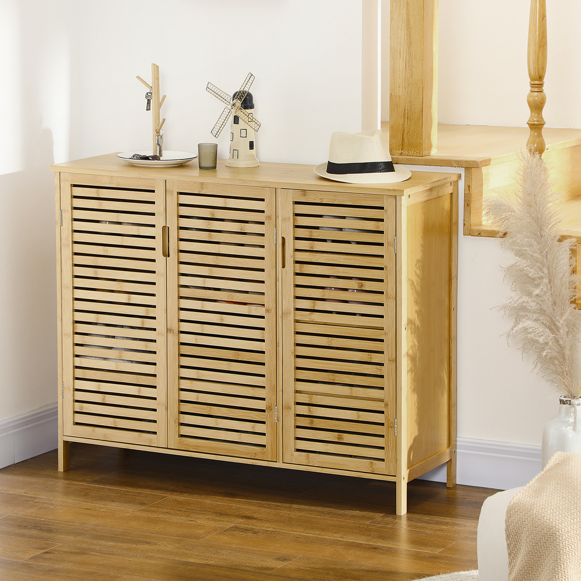 Mueble Zapatero de Recibidor Armario Zapatero con 3 Puertas de Persianas Estantes Ajustables para 16 Pares de Zapatos para Pasillo Entrada 100x35x80 cm Natural