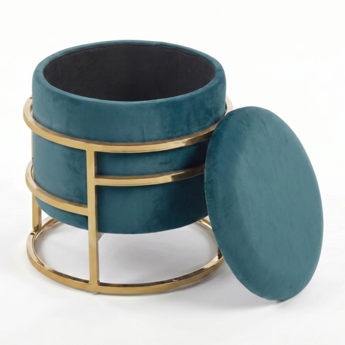Pouf Contenitore Rotondo in Velluto con Coperchio e Base in Acciaio Dorata, Seduta Imbottita con Vano Contenitore dallo Stile Elegante per Soggiorno, Camera da Letto e Ingresso