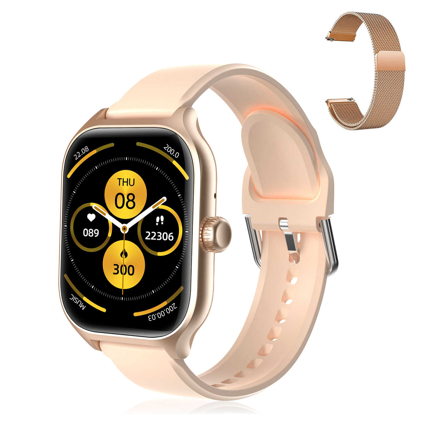 DAM Smartwatch GT4 Pro con llamadas BT, notificaciones push. Monitor deportivo y de salud. Corona multifunción. 4,2x1,2x5,2 Cm. Color: Oro