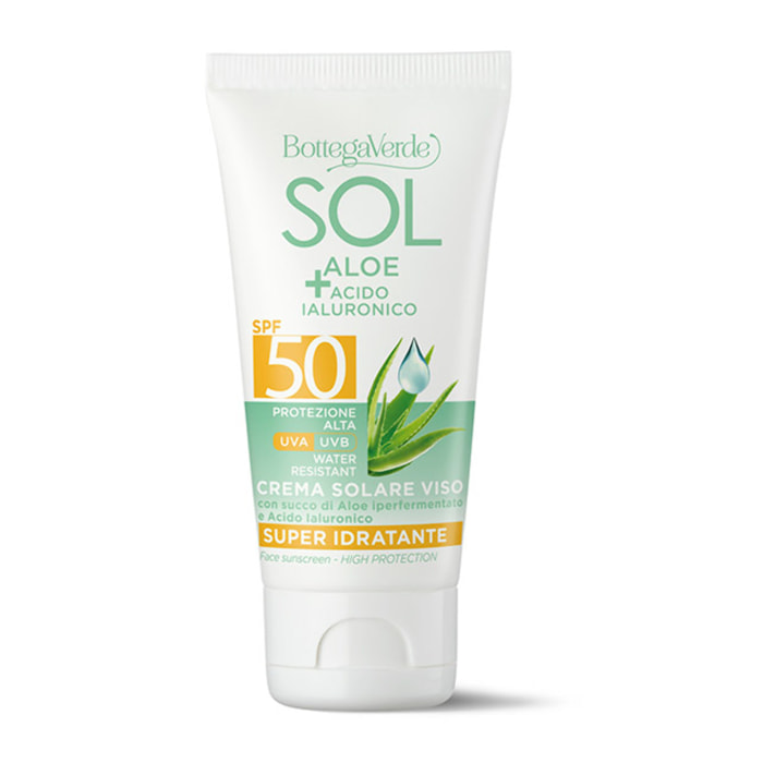 SOL Aloe Acido Ialuronico - Crema solare viso - super idratante - con succo di Aloe iperfermentato e Acido Ialuronico - protezione alta SPF50 - water resistant