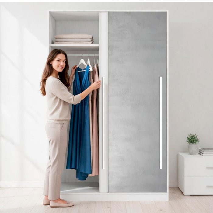 Armadio Guardaroba A Parete Con Ante Scorrevoli Barra Appendiabiti 4 Ripiani Salvaspazio Stile Scandinavo 200 x 120 x 50 Cm Bianco E Grigio Cemento