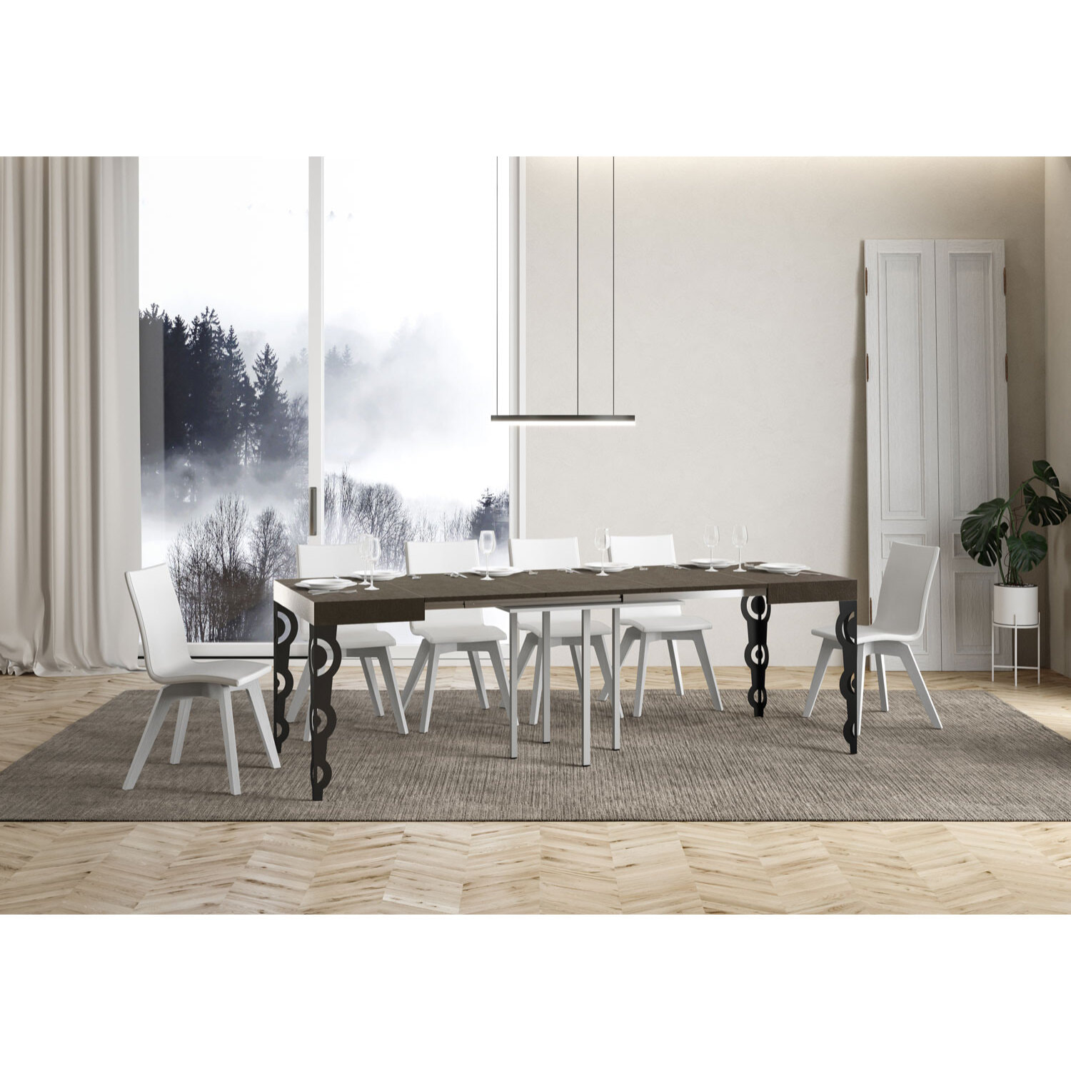 Mesa extensible 90x90/246 cm Karamay gris paloma patas antracita