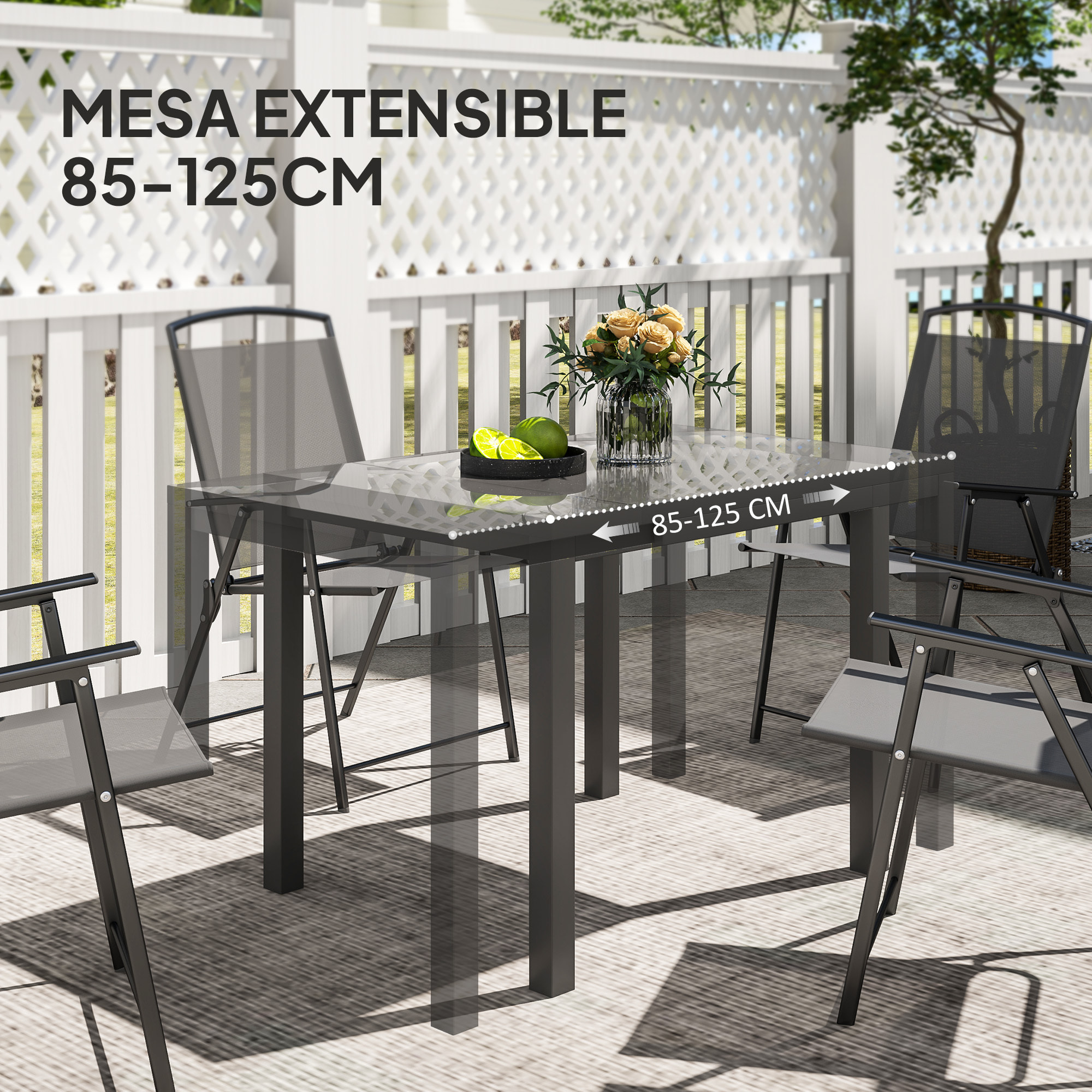 Mesa de Jardín Extensible Mesa de Comedor Exterior Ajustable 85-125 cm con Borde de Aluminio Carga 70 kg Mesa Rectangular para 4-6 Personas para Patio Terraza Gris Oscuro