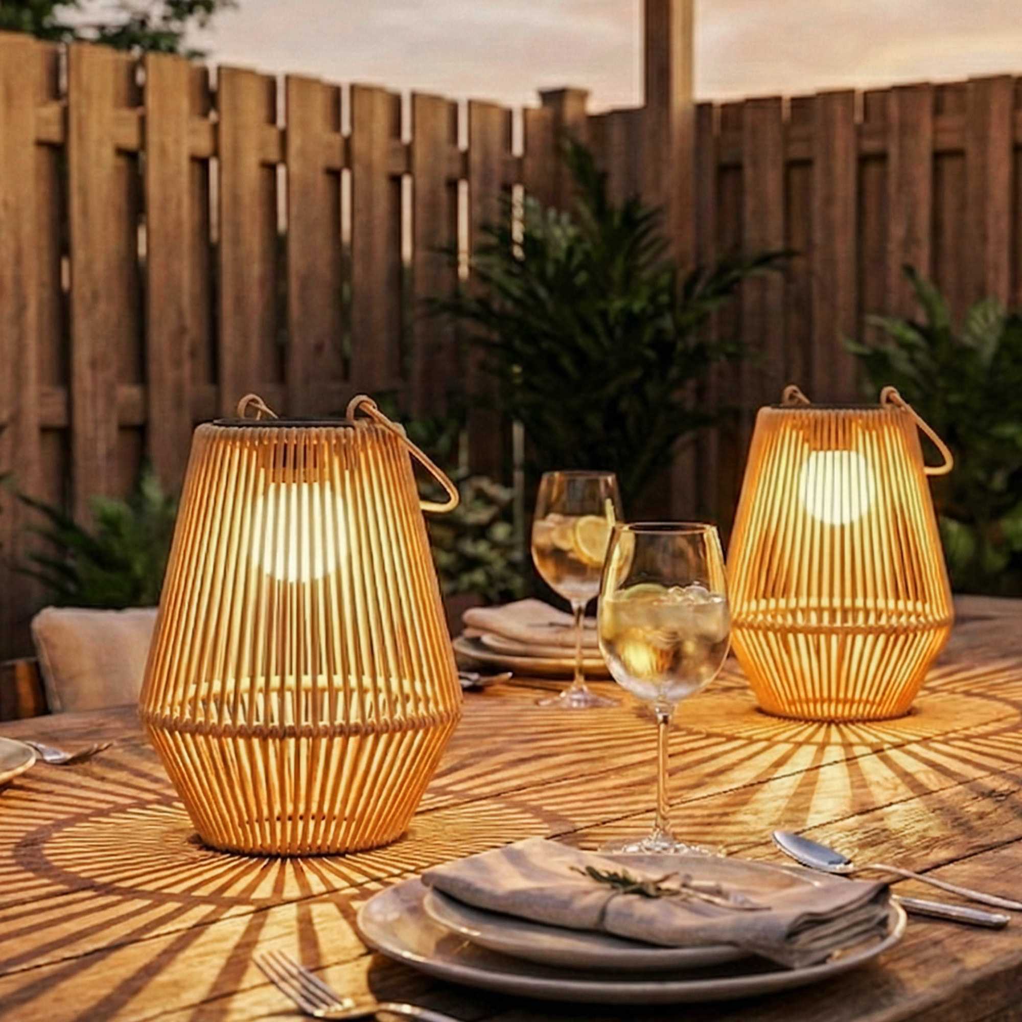 Set de 2 Farolillos Solares Exterior, Linternas de Jardín de Ratán Colgantes con Encendido y Apagado Automático, IP44, Asa, Lámparas para Terraza, Balcón, Patio, 16x16x21 cm, Marrón