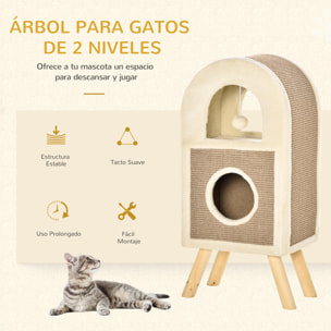 Árbol Rascador para Gatos de 2 Niveles con Cueva de Sisal Natural y Felpa Puerta Arqueada Bola de Juguete y 4 Patas Elevadas de Madera 40x34x91 cm Café