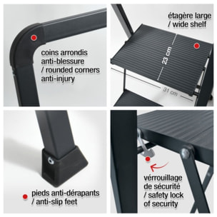 Escabeau 2 marches pliant anti-dérapant en Acier - Max 150kg (47,5x42,5x85cm) Noir mat MSV