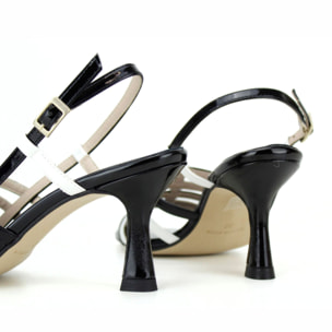 Sandalia tiras en blanco y negro. Tacón 7 cm