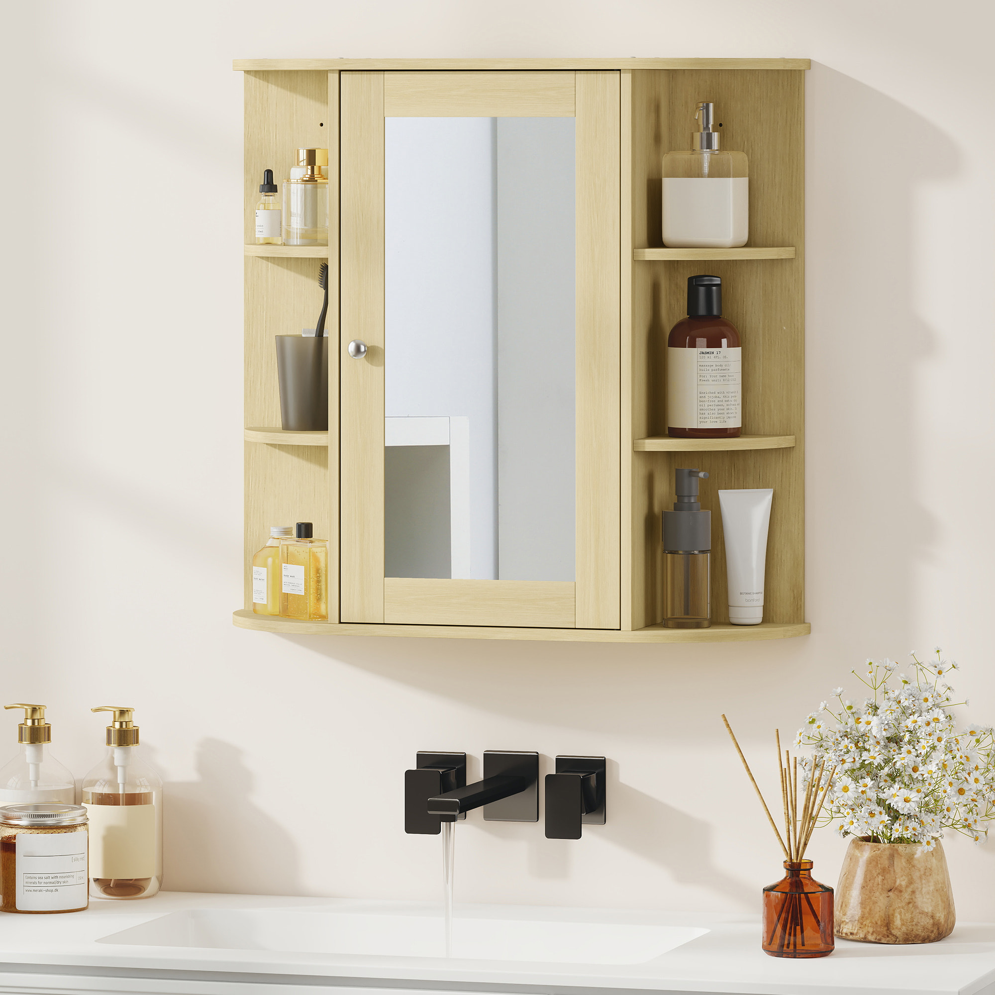 Armario de Baño con Espejo, Armario de Pared con Puerta, Estantes Abiertos, Mueble de Baño Colgar para Cocina, Salón, 66x17x63 cm, Natural