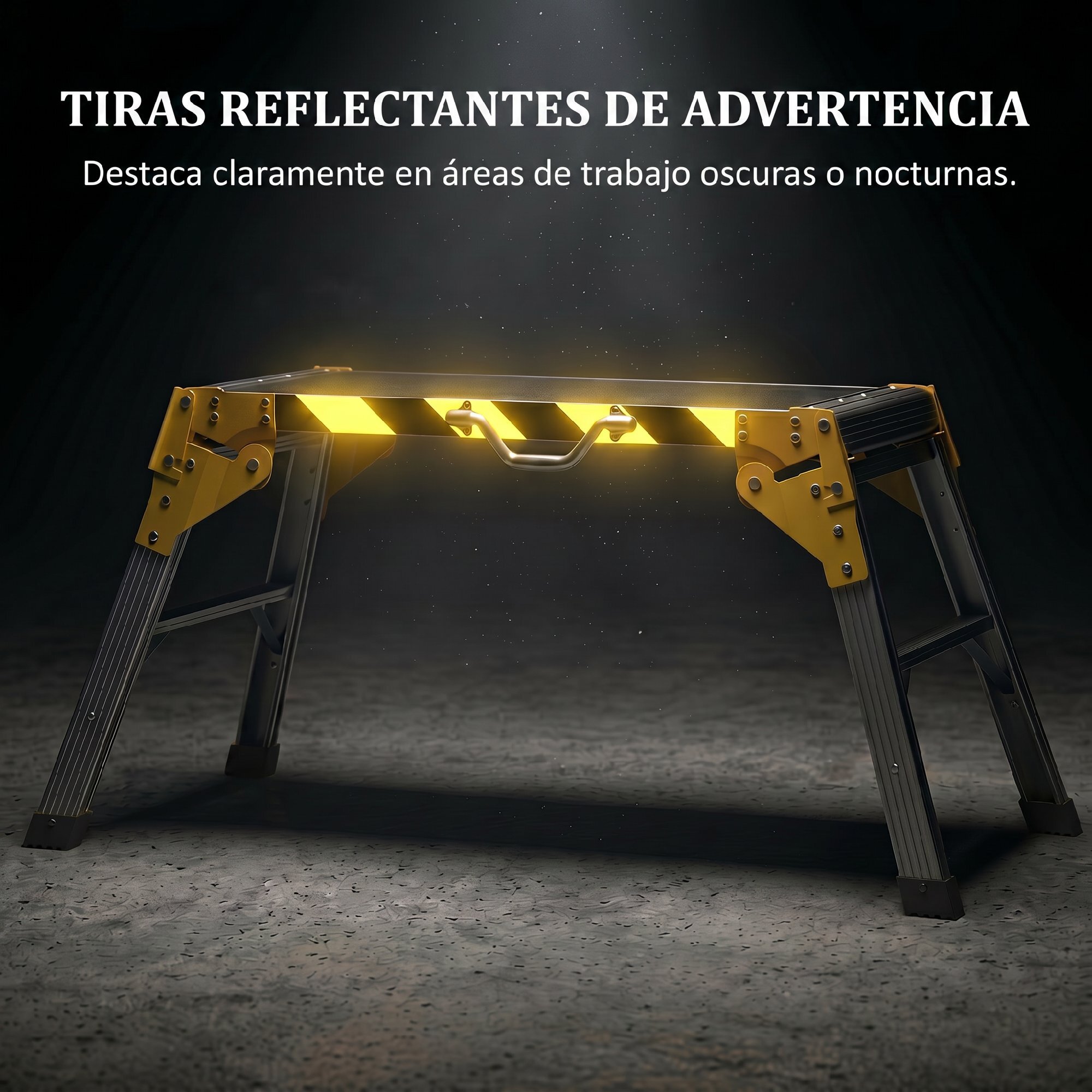 Banco de Trabajo Plegable de Aluminio, Mesa de Taller con Asa, Antideslizante, Tiras Reflectantes, Carga 150 kg, 110x32x50 cm, Negro