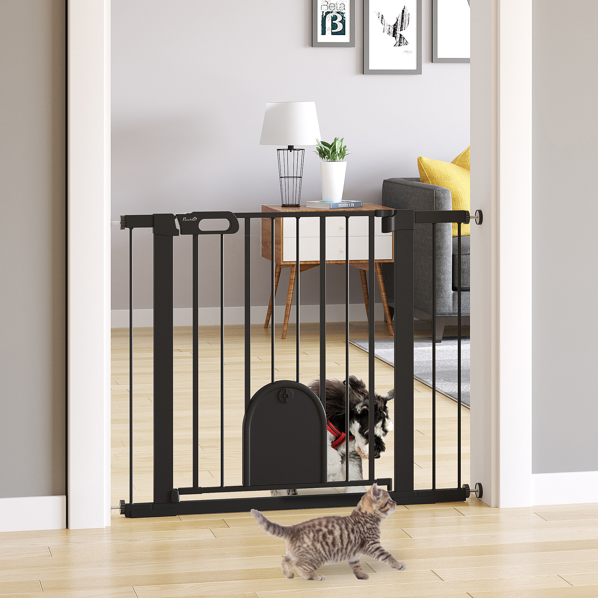 Barrera de Seguridad Perros 75-103cm con 2 Extensiones Cierre Automático Negro