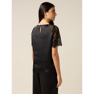 Oltre - Blusa in raso con parti in pizzo - Nero