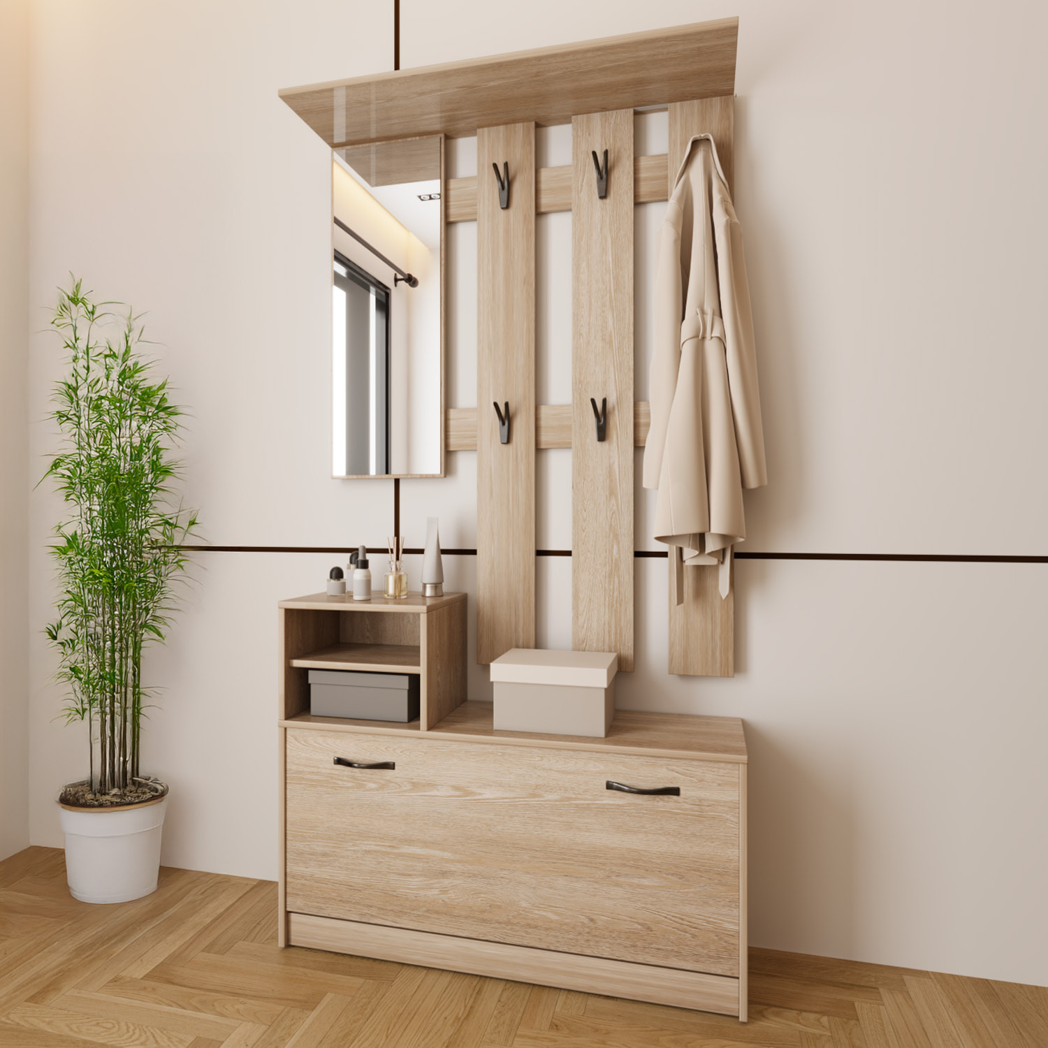 Set Di Mobili Da Ingresso Mobile Corridoio Specchio Scarpiera 6 Ganci Appendiabiti Guardaroba Arredo Arredamento Corridoio 160 x 85 x 24 Cm Rovere