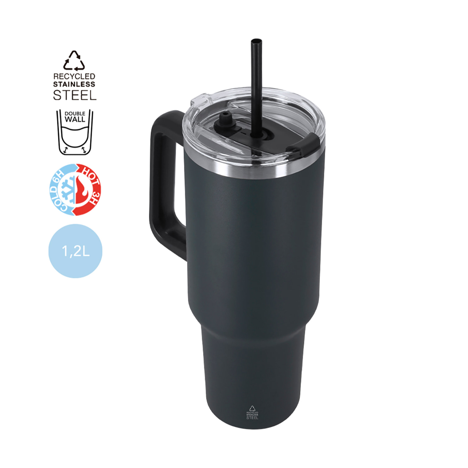 Caraffa termica da 1,2 L in Acciaio Inossidabile Riciclato. Presenta un doppio sistema di bevuta: apertura con chiusura ermetica e cannuccia integrata. Senza BPA.