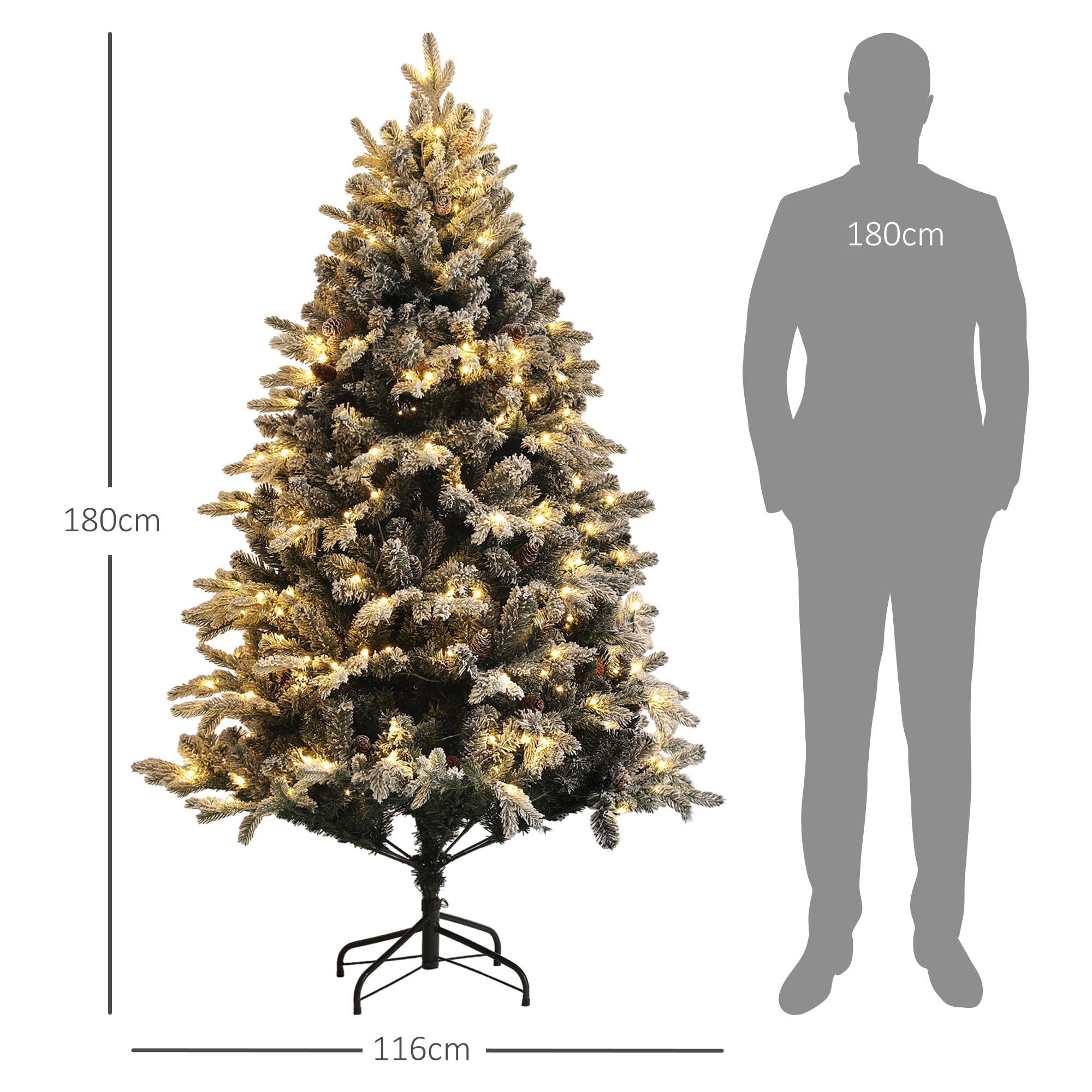 HOMCOM Albero di Natale Artificiale 180cm con 793 Rami, Luci LED e Rami Innevati, Verde