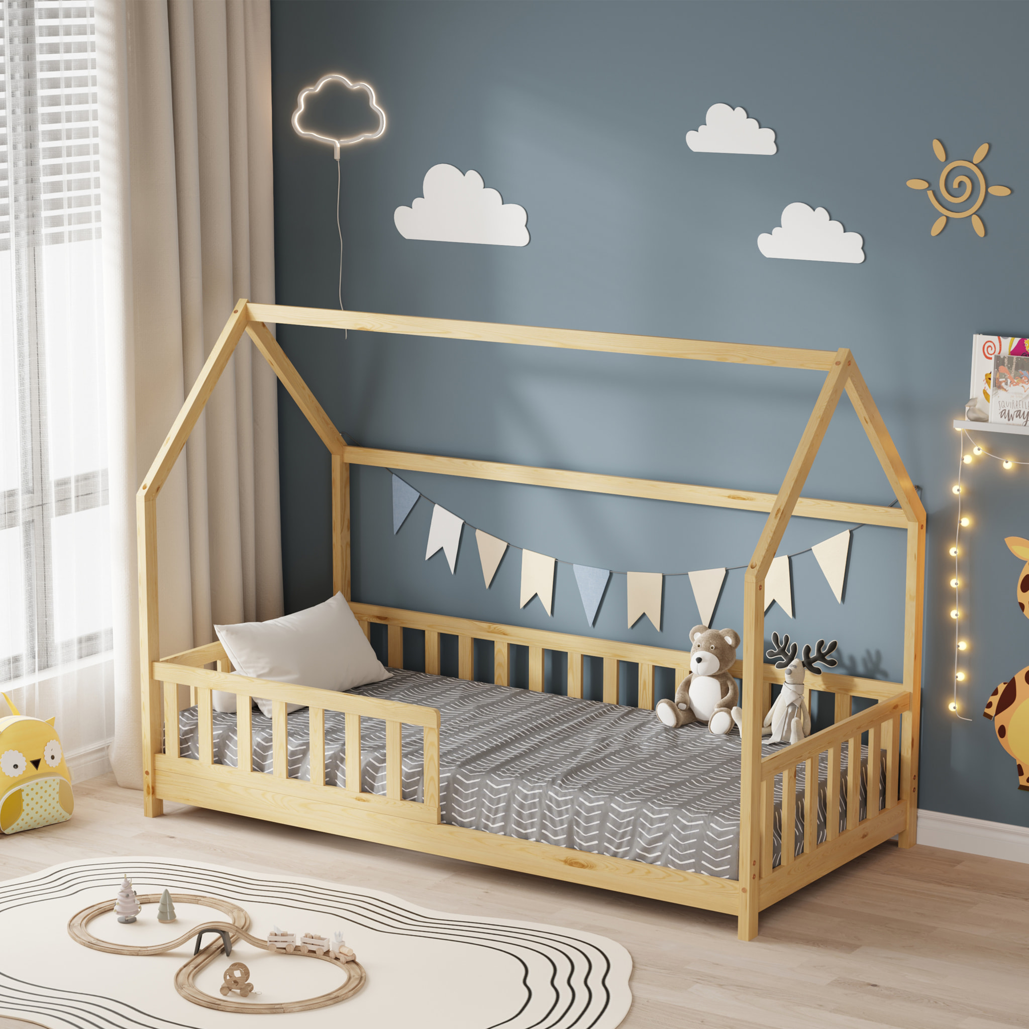 Lit Cabane Tchoupi 90 x 190 cm, Couleur Bois, Bois de Pin Naturel, avec barrières latérales de sécurité