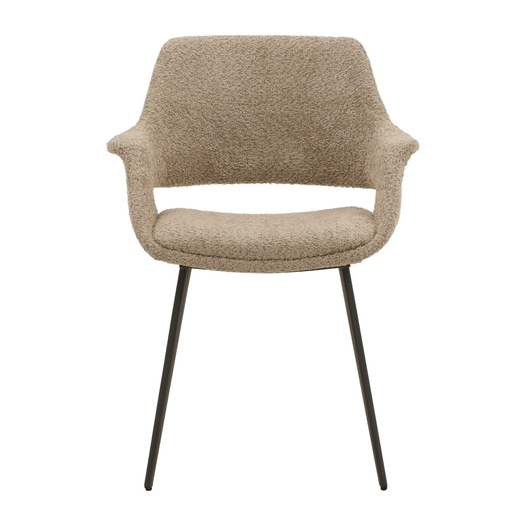 Set di 4 sedie EMBAJADORES in tessuto beige effetto bouclé e gambe in metallo nero, con braccioli