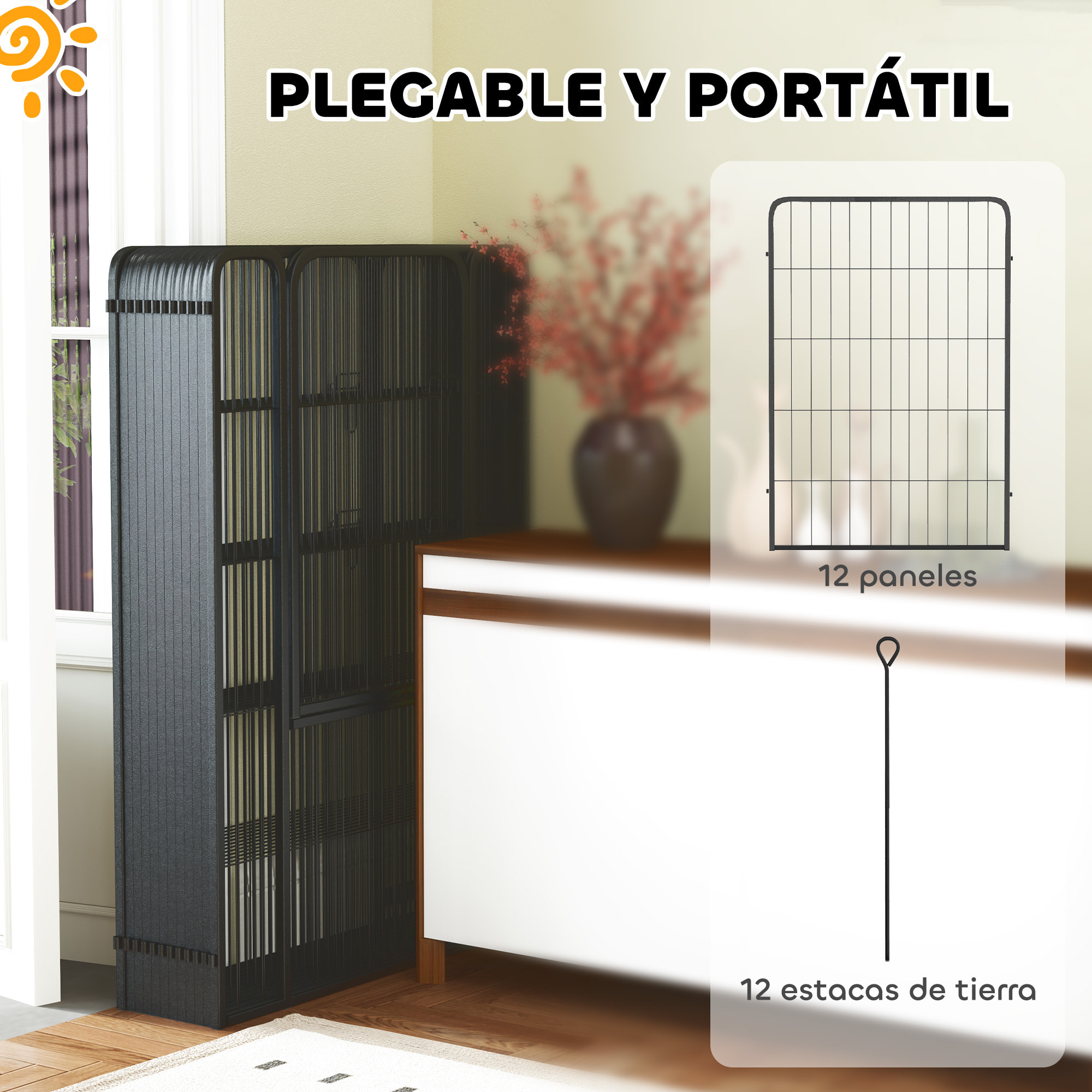 Parque para Perros de 12 Paneles de 100 cm de Altura, Vallas para Perros de Acero Resistente Plegable, con Puertas, para Interior y Exterior, Negro