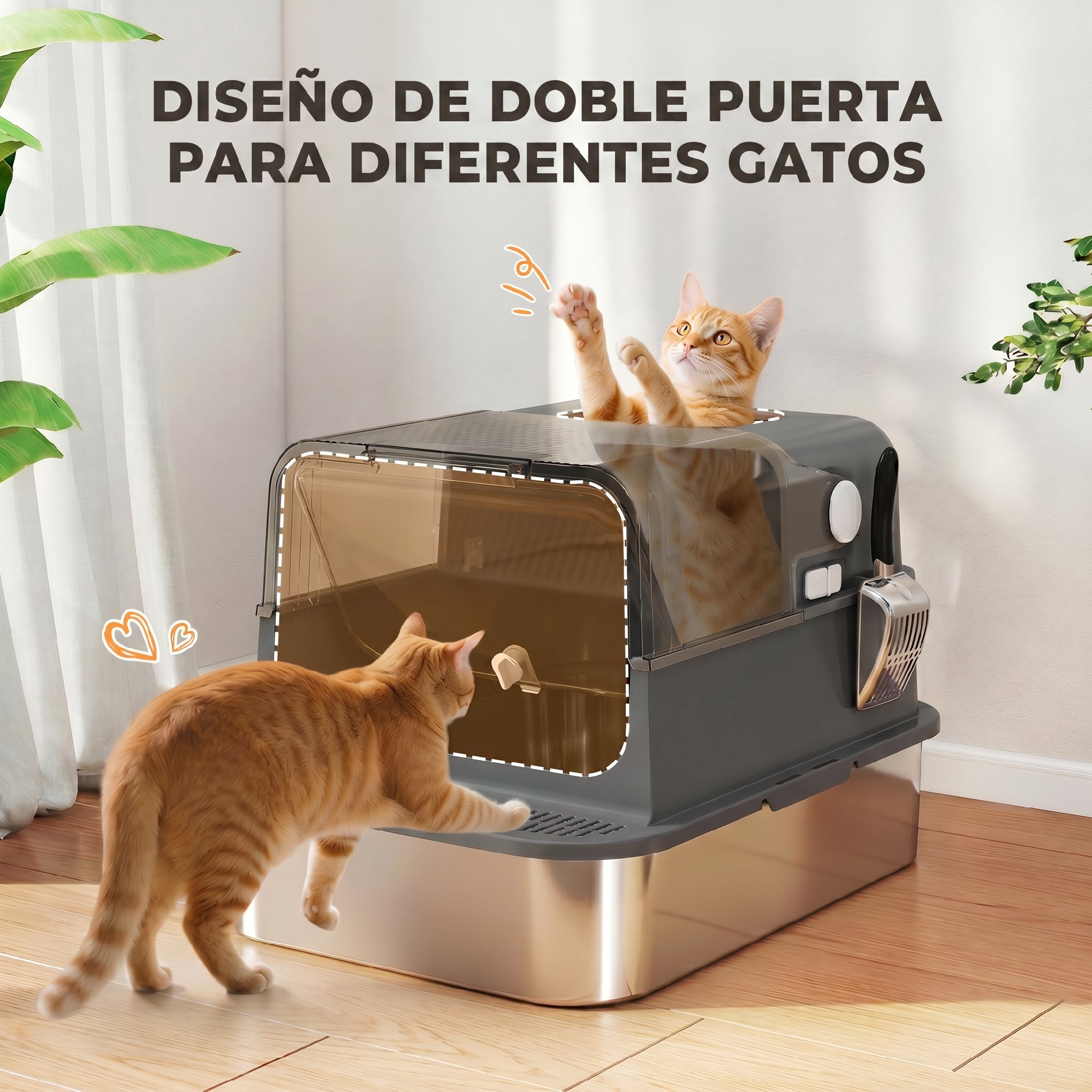 Arenero para Gatos de Acero Inoxidable XXL, Caja de Arena para Gatos Grandes, Arenero con Tapa Abatible, Laterales Altos, Entrada Superior, Pala, sin Olores, Fácil de Limpiar, Antifugas, Negro